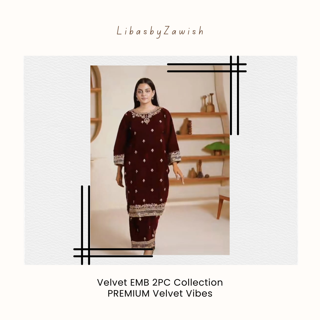 Maroon Velvet Embroidered Kurta & Trouser Set.Semi-Formal/Party Wear.